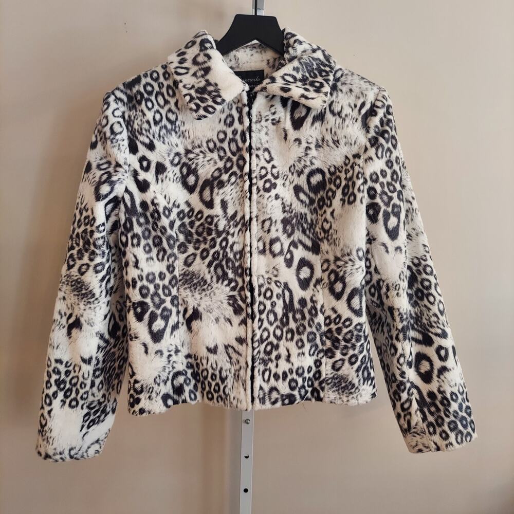 Giancarlo Ferrari Coat Faux Fur‎ Black White Animal Print Leopard Size 12 Winter